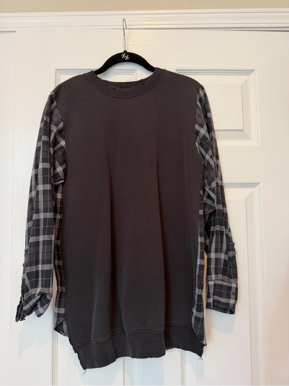 Furst Of A Kind Reworked Upcycled Crewneck Sweatshirt Flannel Mixed Media Top